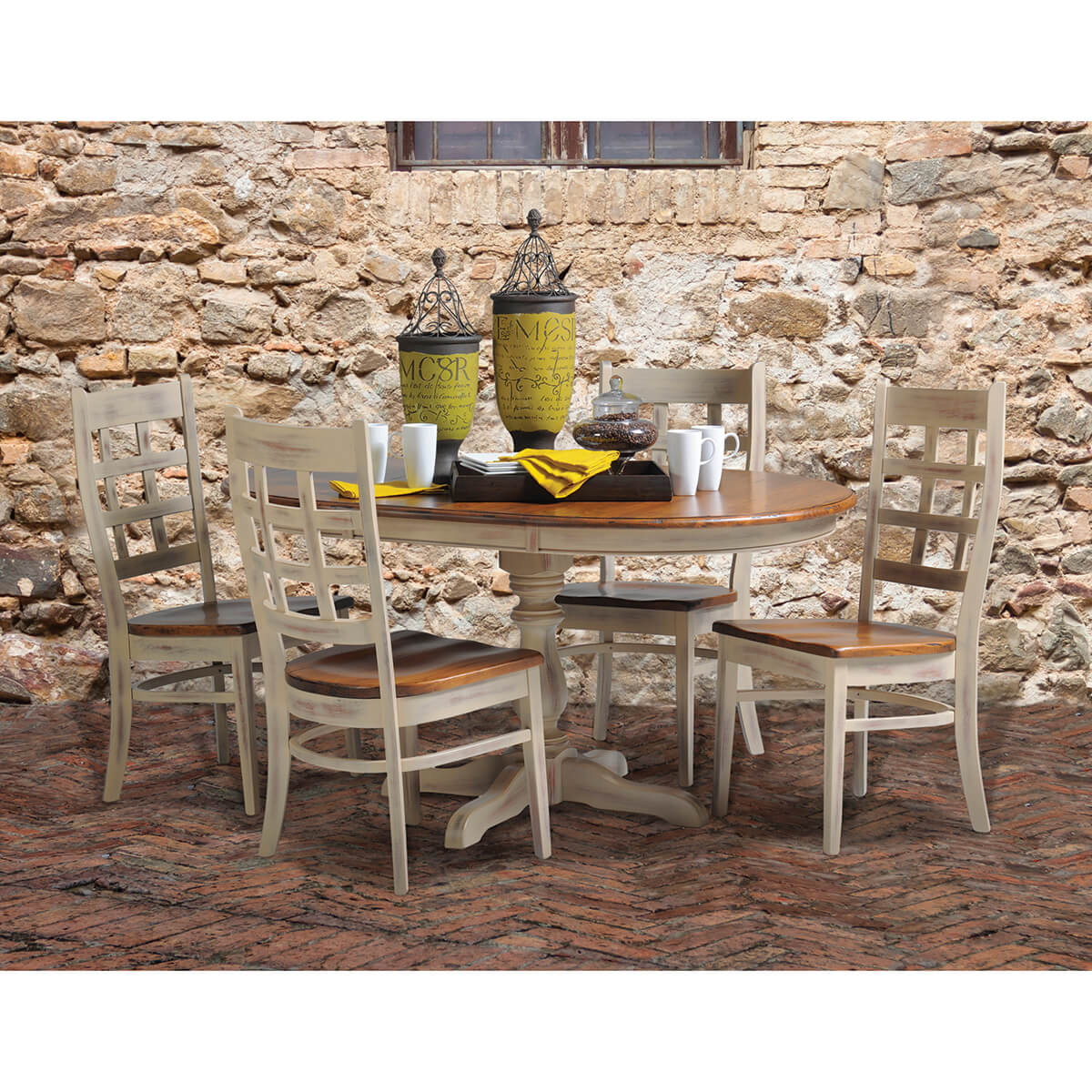 Read more about the article Two-Tone Rustic Cherry/Brown Maple Single Pedestal Dining Collection